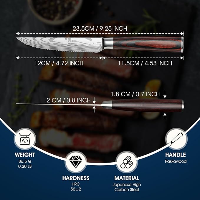 PURPLEBIRD Steak knives Set of 6, Serrated Steak Knife Set 4.5 Inch, Japanese High Carbon Steel Kitchen Steak Knife, Sharp Steak Knives with Wood Handle, Dinner Knife with Gift Box for Mom Dad