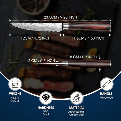 PURPLEBIRD Steak knives Set of 6, Serrated Steak Knife Set 4.5 Inch, Japanese High Carbon Steel Kitchen Steak Knife, Sharp Steak Knives with Wood Handle, Dinner Knife with Gift Box for Mom Dad