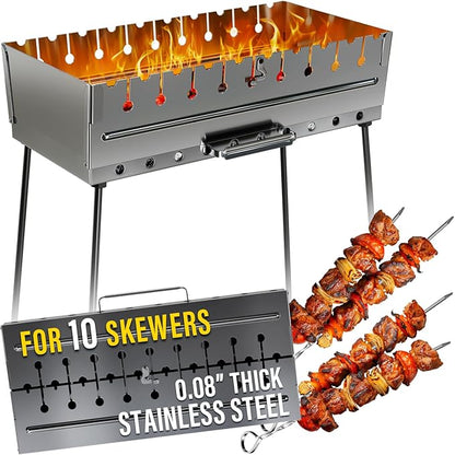 Stainless Steel Charcoal Grill for 10 Skewers – Portable BBQ 20.87"×11.81"×25.2" – Foldable Kabob Mangal – Durable Rustproof Grill for Picnic & Camping (Skewers Not Included)