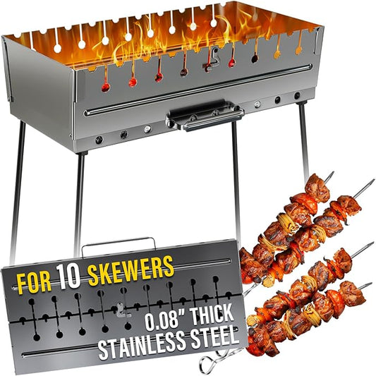 Stainless Steel Charcoal Grill for 10 Skewers – Portable BBQ 20.87"×11.81"×25.2" – Foldable Kabob Mangal – Durable Rustproof Grill for Picnic & Camping (Skewers Not Included)