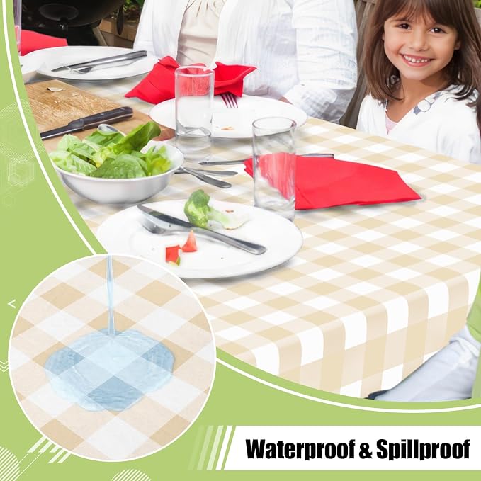 Smiry Picnic Table Cloth, Vinyl Tablecloths with Flannel Backing, 60"x60" | Waterproof Square Table Cloth, Wipeable Buffalo Plaid Table Cover for Indoor and Outdoor (White & Beige)