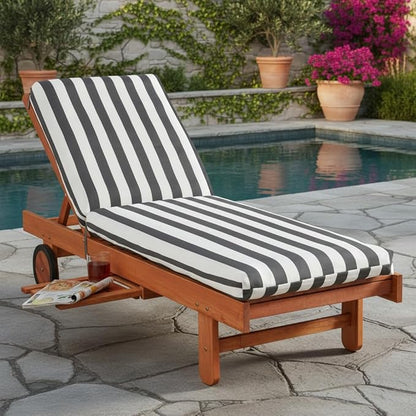 Modern Outdoor Chaise Lounge Cushion with Ties – Durable Polyester Fabric, Channel-Filled Polyfiber Insert, Removable Zippered Cover, Canopy Stripe Gray