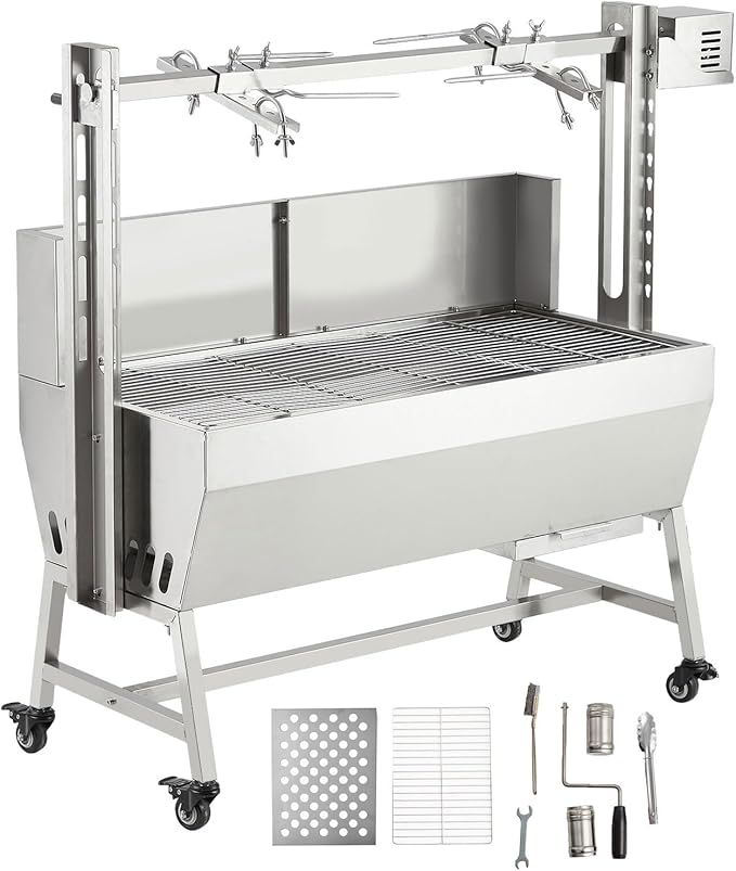 GarveeTech 37in Stainless Steel Electric Rotisserie Grill - 132LB Capacity for Whole Pig & Lamb, Charcoal Spit Roaster with Wind Screen, 50W Motor & Lockable Casters, Outdoor Camping BBQ
