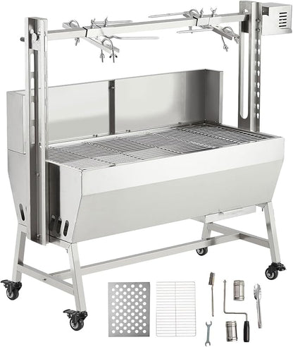 GarveeTech 37in Stainless Steel Electric Rotisserie Grill - 132LB Capacity for Whole Pig & Lamb, Charcoal Spit Roaster with Wind Screen, 50W Motor & Lockable Casters, Outdoor Camping BBQ