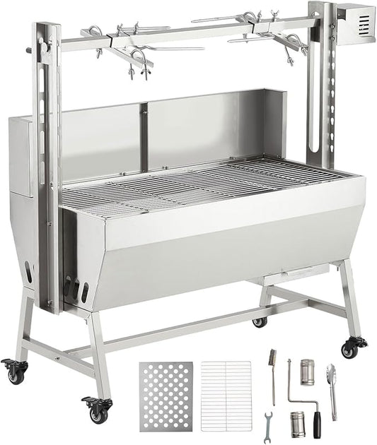 GarveeTech 37in Stainless Steel Electric Rotisserie Grill - 132LB Capacity for Whole Pig & Lamb, Charcoal Spit Roaster with Wind Screen, 50W Motor & Lockable Casters, Outdoor Camping BBQ