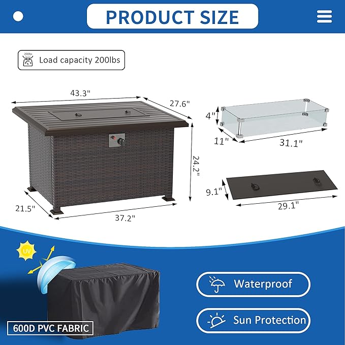 Kullavik 43" Propane Gas Fire Pit Table 55,000 BTU Auto-Ignition Wicker ETL Certified Outdoor Fire Pits with Glass Wind Guard,Fire Glass,Slide Out Tank Holder,Lid,Waterproof Table Cover