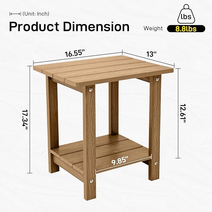 Outdoor Side Table, Weather Resistant Double Small Adirondack Side Table, Outdoor Indoor End Table for Adirondack Chair, 17" Patio Table for Pool, Deck and Porch, Brown