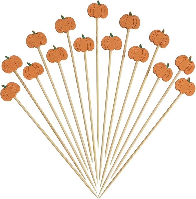 Minisland Orange Pumpkin Cocktail Picks, 5 Inch Long Bamboo Fancy Toothpicks for Appetizers, Decorative Fall Halloween Thanksgiving Party Food Drinks Garnish Fruit Skewer Sticks 100 Counts - MSL423