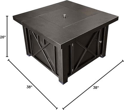 Hiland 38'' Square Propane Fire Pit Table w/Lid, Fireglass Included, Regulator and Hose, 40,000 BTU, Decorative Crossbars, Bronze