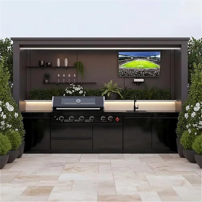 Outdoor Kitchen Pod for Patio Living Space | Modular Grill Island with Sink, Gas Burner, Fridge, Drawers & Pergola – Ideal for House Home Entertainment & Summer Party