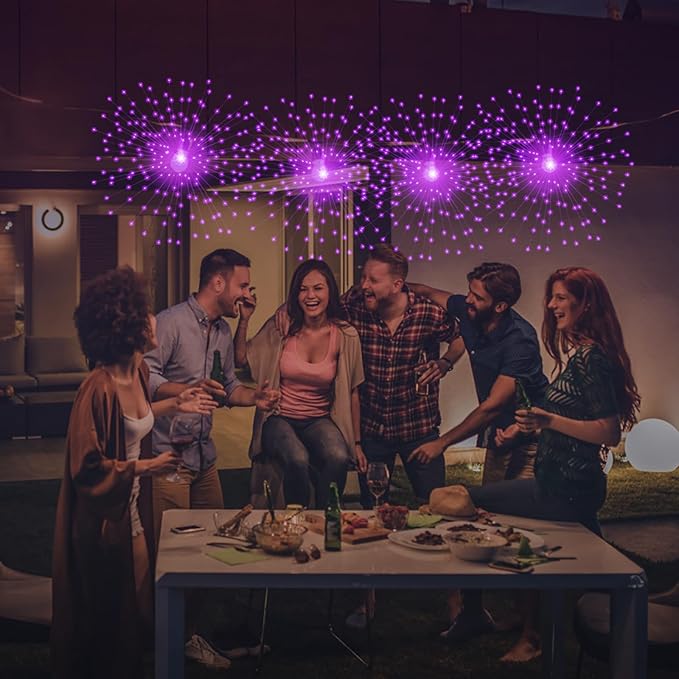 PXBNIUYA 2 Pack Starburst Sphere Lights,200 LLED Firework Lights, 8 Modes Dimmable Remote Control Waterproof Hanging Fairy Light, Copper Wire Light for Patio Parties Christmas (Purple)