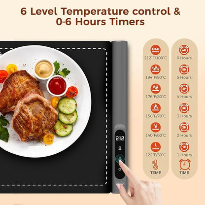 Newise Upgrade Graphene Warming Mat for Food, Food Warming Mat for Countertop with 6 Temperature Settings and Timing Function, Portable Electric Warming Tray for Parties Buffet, Black