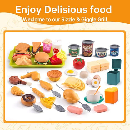 240Pcs Kids Mini Play Kitchen Accessories, Play Pans, Pots, Cookware with Desserts, Cuttable Veggies & BBQ Set & Storage Basket, Prop Money, Learning Gift for Child，Toddlers, Child, Green