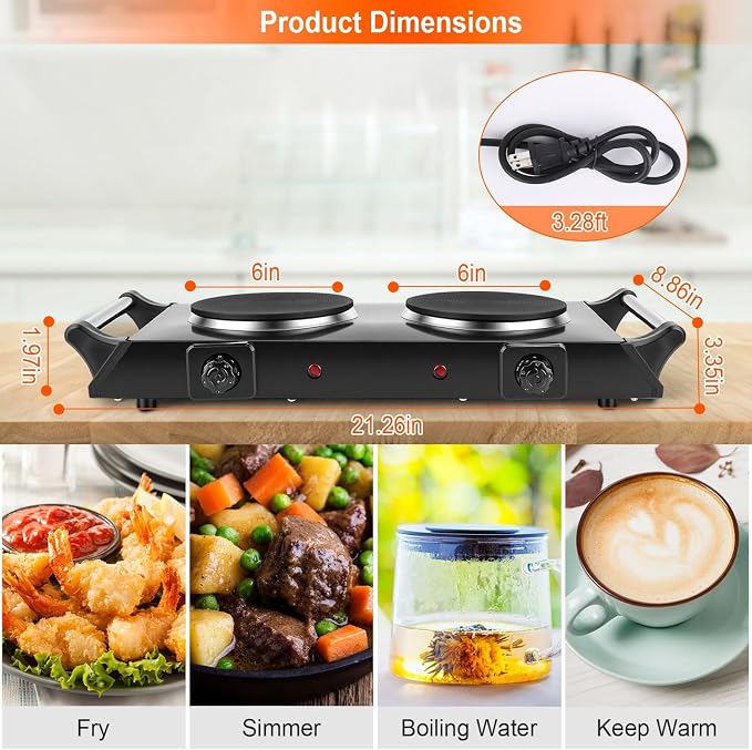 Double Burner Electric Hot Plate, 2000W 2 Burner Electric Cooktop, Portable Countertop Stove with 5-Level Temperature Control and Stay-Cool Handles, for RV, Home, and Camping