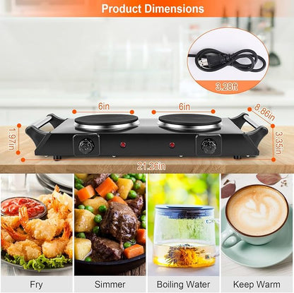 Double Burner Electric Hot Plate, 2000W 2 Burner Electric Cooktop, Portable Countertop Stove with 5-Level Temperature Control and Stay-Cool Handles, for RV, Home, and Camping