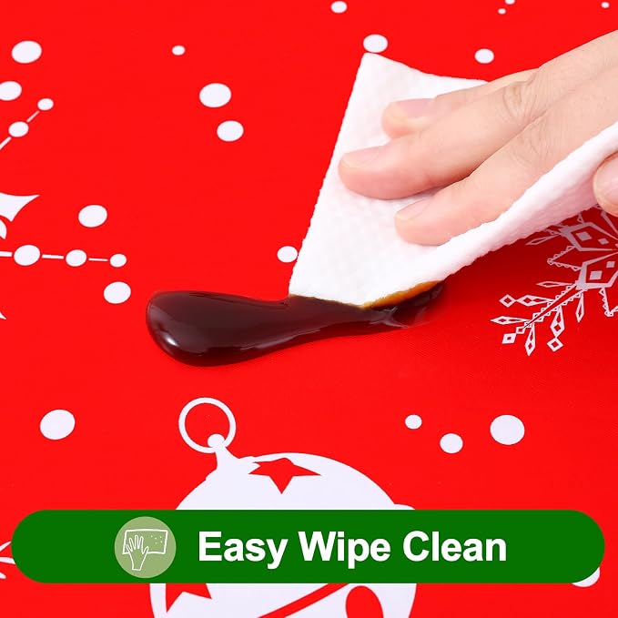 Smiry Christmas Rectangle Table Cloth, Waterproof Vinyl Tablecloth with Flannel Backing, Wipeable Bell & Snowflake Plastic Tablecloths for Christmas Table Decorations, (60"x84", White & Red)