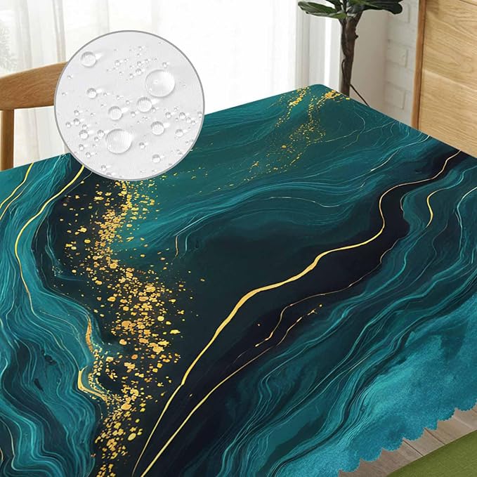 Tablecloth Marble Green, Abstract Liquid Marble Gold Green Rectangular Table Cover Kitchen Table Cloth for Dining Hotel Coffee Parties Tabletop Decoration, 52x70 Inch