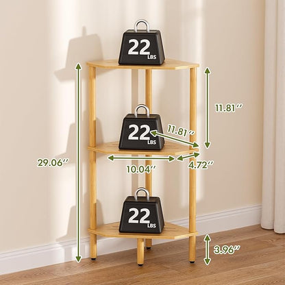 3 Tier Bamboo Corner Shelf, Storage Stand with Adjustable Feet, Small Space Corner Bookcase, Outdoor Plant Stand, Space-Saving Organizer for Bathroom Kitchen Living Room