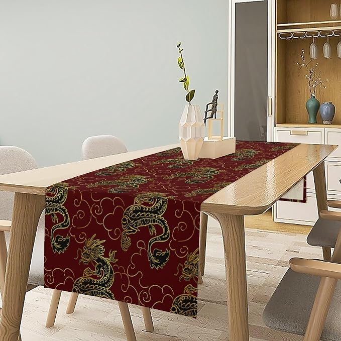 Dragon Table Runner Oriental Vintage Asian Chinese Japanese Traditional Style Burgundy Dinner Runner Table Decoration for Home Kitchen Dining Table Party Decoration 13x60in