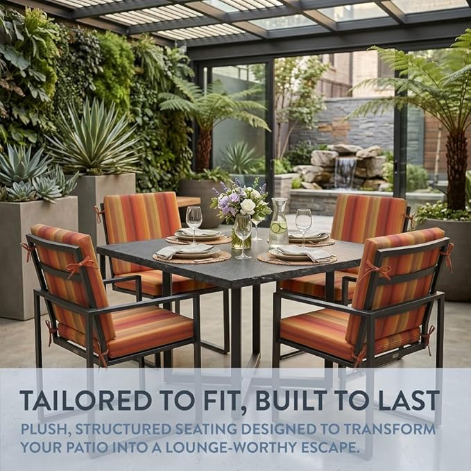 California Umbrella Outdoor Dining Chair, Set of 4 Patio Seat Cushions, 20 x 40 Inch, Premium Outdoor Memory Foam, Fade Resistant, Sunbrella Fabric, Fabric Ties, Astoria Sunset