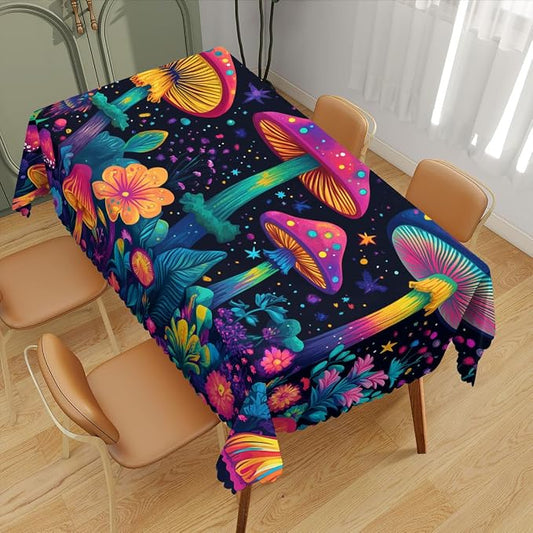 Mushrooms Decorative Rectangle Table Cloth Magic Psychedelic 60S Hippie Vintage Rectangle Table Cover Anti-Oil Tablecloth for Dining Tables, Parties, Wedding and Banquet Decoration 52" x 70"