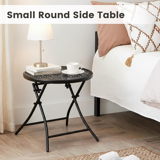 TeoKJ Folding Small Outdoor Side Table, No Assembly Patio Metal Desk, Black | Metal Round Anti Rust Patio Table, Small Nightstand with Flower Cutouts, for Porch Yard, Balcony, Lawn, Pool, Lightweight