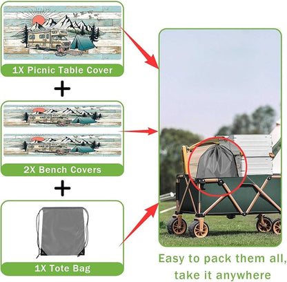 JAWO Camper RV Picnic Table Cover with Bench Covers, Happy Camper RV Essentials Gear Supplies Outdoor Waterproof Windproof Tablecloth with Elastic, 30X72in