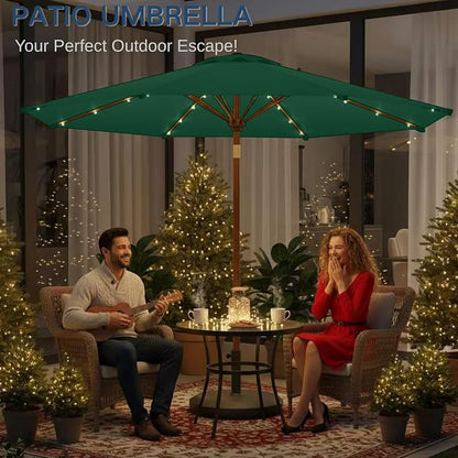 9' Solar LED Patio Umbrella with Tilt & Crank|8 Sturdy Ribs,UV Protection,Outdoor Market Table Umbrella for Deck,Lawn,Pool,Backyard(Dark Green)