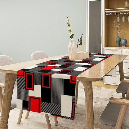 Red Gray Black Table Runners for Tabletop Decorations Mid Century Modern Abstract Geometry Lattice for Dinning Holiday Party Indoor Outdoor Decor, Abstract Lines 13x36in