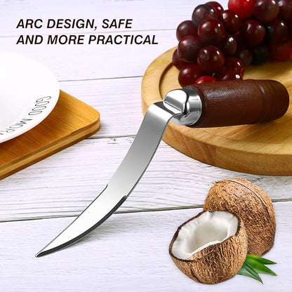 DOITOOL Coconut Meat Removal Tool Stainless Steel Fresh Coconut Scraper Knife with Ergonomic Wood Handle for Raw Shell Extraction and Manual Opener