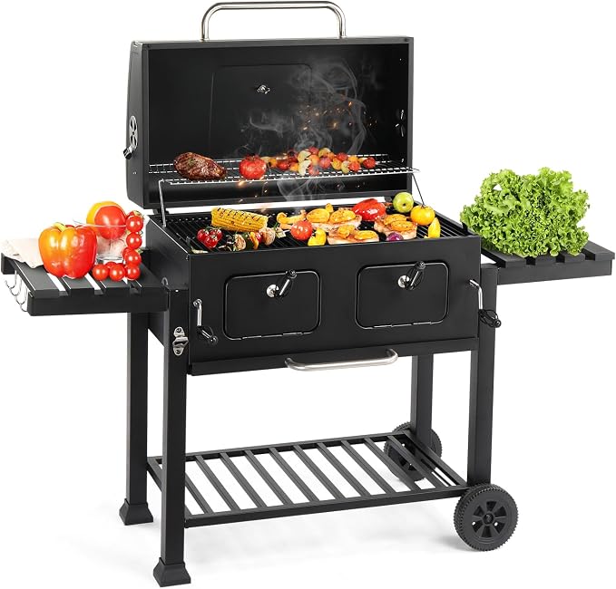 Extra Large Charcoal Grill, Outdoor BBQ Grill with Dual Adjustable Charcoal Doors, Foldable Side Tables for Backyard, Camping, and Picnic Cooking, Black