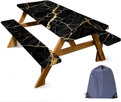 FOREVER QUEEN Picnic Table Cover with Bench Covers 72in,Waterproof Windproof Fitted Tablecloth, Black Marble with Gold Veins Camping Essentials with Drawstring Bag for Patio,Park & Backyard