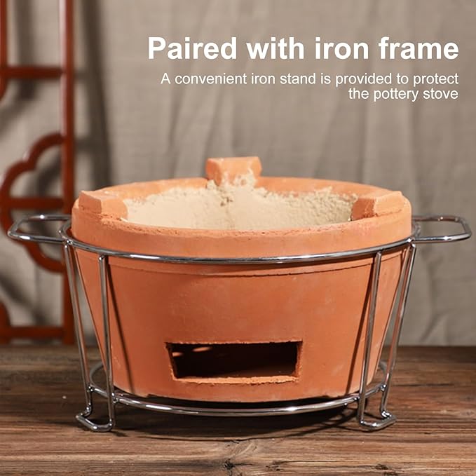 Clay Charcoal Stove, Multifunctional Pottery Barbecue Stove, Portable Ceramic Grill, Tabletop BBQ Grill for Home, Picnic, Camping, Tea Making and Outdoor Cooking(14.5x7in/37x18cm)