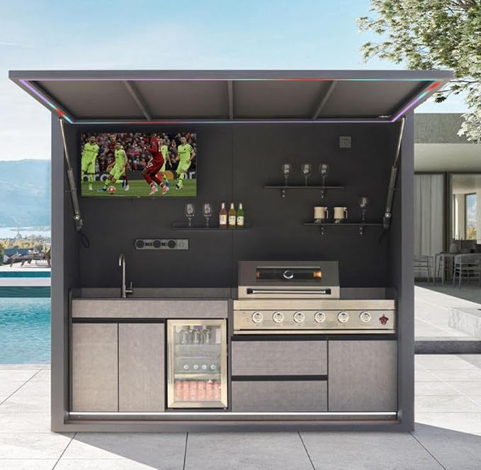 Modular Outdoor Kitchen Island, Weatherproof BBQ Pod with Grill & Sink, Outdoor Cooking Station for New Homeowner, Small Patio & Backyard Grilling