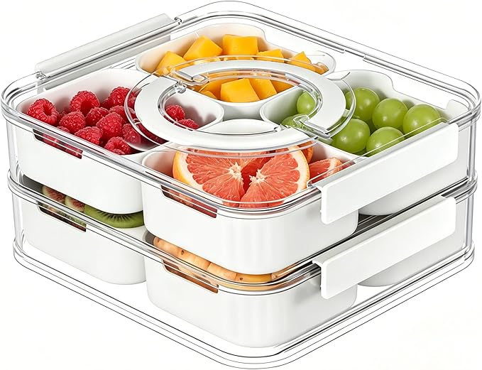 2-Tier Stackable Snackle Box Container, Divided Serving Tray with Lid and Handle, BPA-Free Plastic Food Organizer for Fruit, Veggies, Spices, Portable for Picnic, Party, Kitchen Countertop