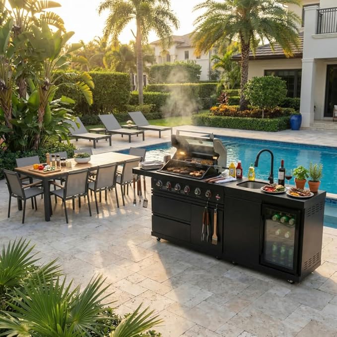 Deluxe 84 inch × 23 inch 6 Burner 75300 BTU Outdoor BBQ Grill Island with Stainless Steel Sink, Wine Cooler, Refrigerator & Granite Countertops,Propane or Natural Gas