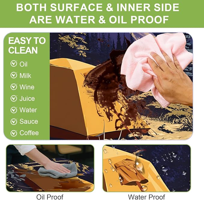 ANNA QUEEN Camping Adventure 6FT Picnic Table Cover with Bench Covers Set of 3 with Drawstring Bag, Forest Tent Scene 72"x30" Waterproof Picnic Tablecloth & Bench Covers for Outdoor Dining