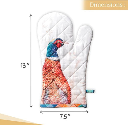Maison d' Hermine Oven Gloves 100% Cotton Oven Mitt 7" x 13" with Loop Heat Resistant BBQ Cooking Gloves for Thanksgiving Christmas Decorations Baking Handling Hot Pans (Pack of 1, Faisan D'Automne)