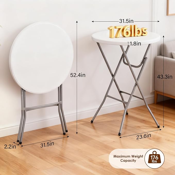 BestOffice 32" Round 43" Bar Height White Granite Plastic Folding Table, Portable Commercial Cocktail Table for Wedding Party Outdoor, White