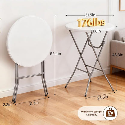 BestOffice 32" Round 43" Bar Height White Granite Plastic Folding Table, Portable Commercial Cocktail Table for Wedding Party Outdoor, White
