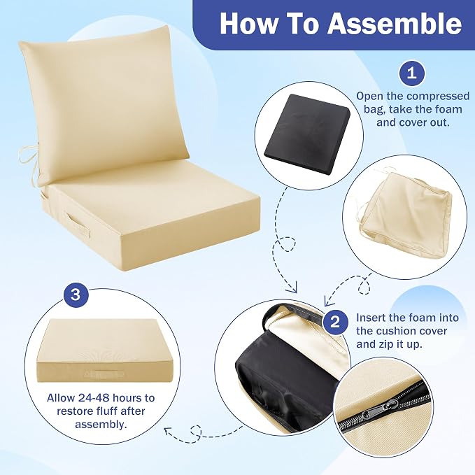 IASEAHK Outdoor Seat Cushion Set, Waterproof & Fade Resistant Patio Chair Cushions, Outdoors Cushion for Patio Furniture, 24 x 24 x 4 Inch, Outdoor Couch Cushions with Handle and Ties, Light Khaki