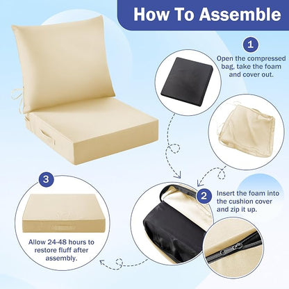 Outdoor Chair Cushions, 24 x 24 Inch Outdoor Cushion for Patio Furniture, Patio Chair Cushion, Waterproof & Fade Resistant Deep Patio Furniture Cushion Set with Handle and Ties, Light Khaki (Set of 2)