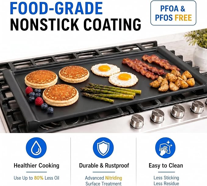 Upgraded WB31X24738 Cast Iron Griddle Replacement for GE Stove Cooktop | Fit for GE Gas Range; Replaces WB31X49806 and WB31X24998 Center Griddle Plate; Nitrided Nonstick Flat Top Pan, 19.5 x 9 in
