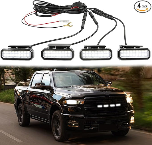 4PCS LED Grille Lights White，Universal Clip-On Car Front,IP66 Smoked Lens,Compatible with Jeep Wrangler,Ford F150,Dodge Ram 1500,Toyota Tacoma