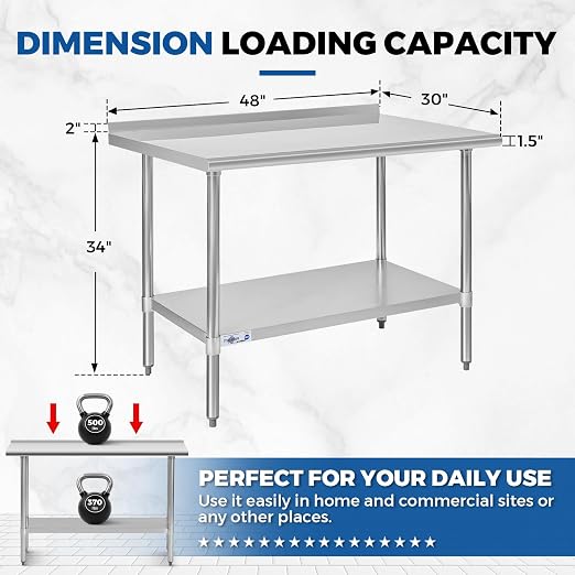 Profeeshaw Stainless Steel Prep Table 30''x48'' Workbench with Backsplash | NSF Commercial Metal Work Table, with Undershelf, Heavy Duty Table, for Kitchen, Restaurant, Home, Gargae and Hotel, 18-gauge
