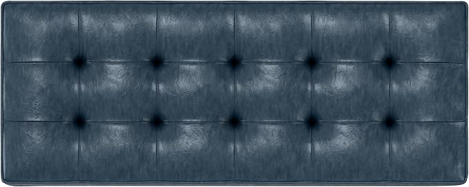 SIMPLIHOME Cosmopolitan Storage Ottoman Bench - 44 inch Wide Upholstered Vegan Leather Rectangle Storage Ottoman in Denim Blue, Transitional Bench for Bedroom with Tufted Lift-Top and Open Shelf