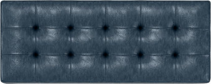 SIMPLIHOME Cosmopolitan Storage Ottoman Bench - 44 inch Wide Upholstered Vegan Leather Rectangle Storage Ottoman in Denim Blue, Transitional Bench for Bedroom with Tufted Lift-Top and Open Shelf