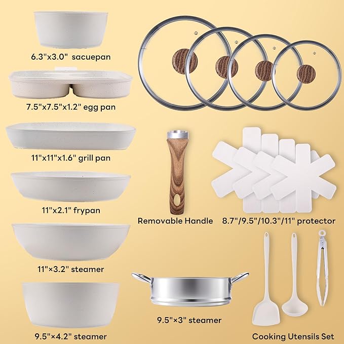 NEWBULIG 17-Piece Nonstick Cookware Set, Dishwasher Safe Non-Toxic Pots and Pans with Stay-Cool Handles, Induction Compatible Cookware, PFAS & PFOA-Free, Cream White