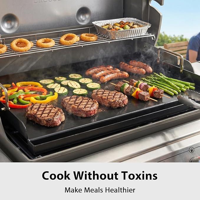 Utheer 25 x 16 x 2.6 Inch Nano-Ceramic Nonstick Griddle Plate for Gas and Charcoal Grills, Pre-Seasoned Cast Iron Flat Top Insert with Grease Groove, Removable Handles for BBQ, Camping, Tailgating