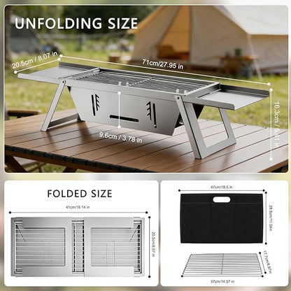 Foldable Small Charcoal Grill Portable Stainless Steel Charcoal Grill Perfect for 2-3 Outdoor Enthusiasts Ideal for Camping, BBQ, Picnics Tailgating Includes Gloves & Carry Bag